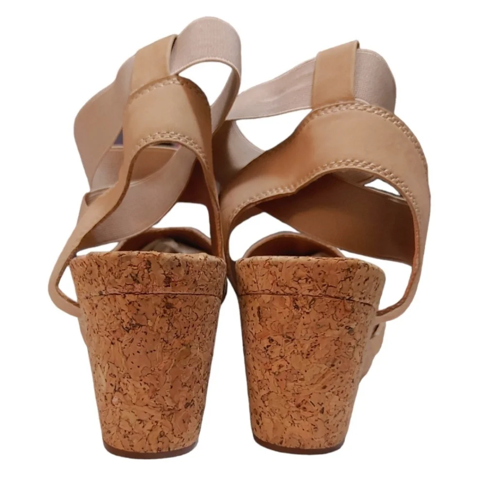 Lucky Brand Kyla Tan Beige Ankle Strap Wedge Sandals Heels Women's Size 10